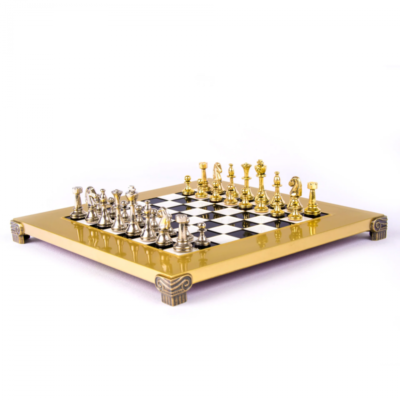 Šah set MANOPOULOS Classic Metal Staunton & Black/White Chessboard 28x28 cm